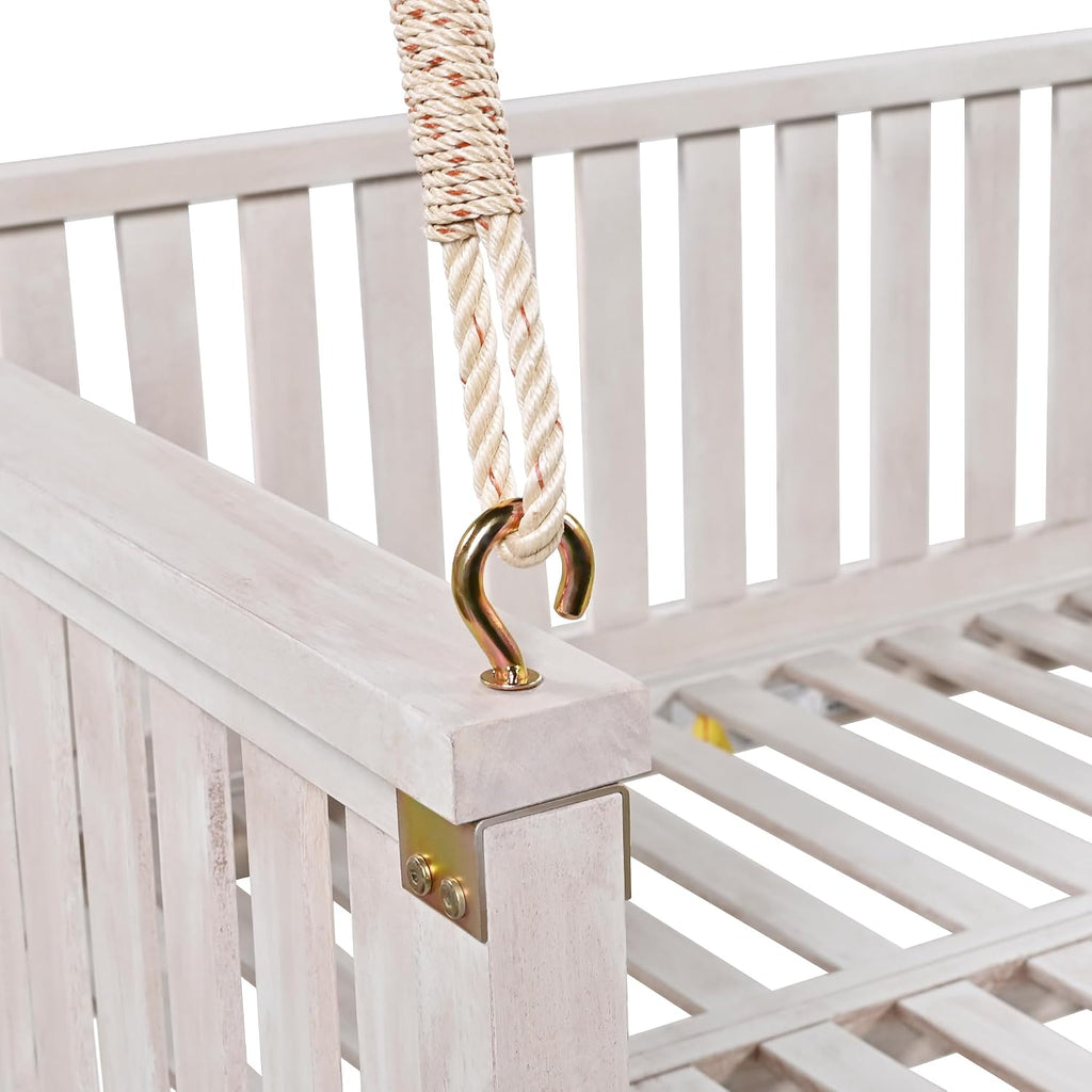 Minimalist 2-Person Acacia Wood Swing Bed, Patio Porch Swing with Ropes for Backyard Garden, Safe Sloped Design,Mattress, Cushions and Pillows not Included(White/Acacia)