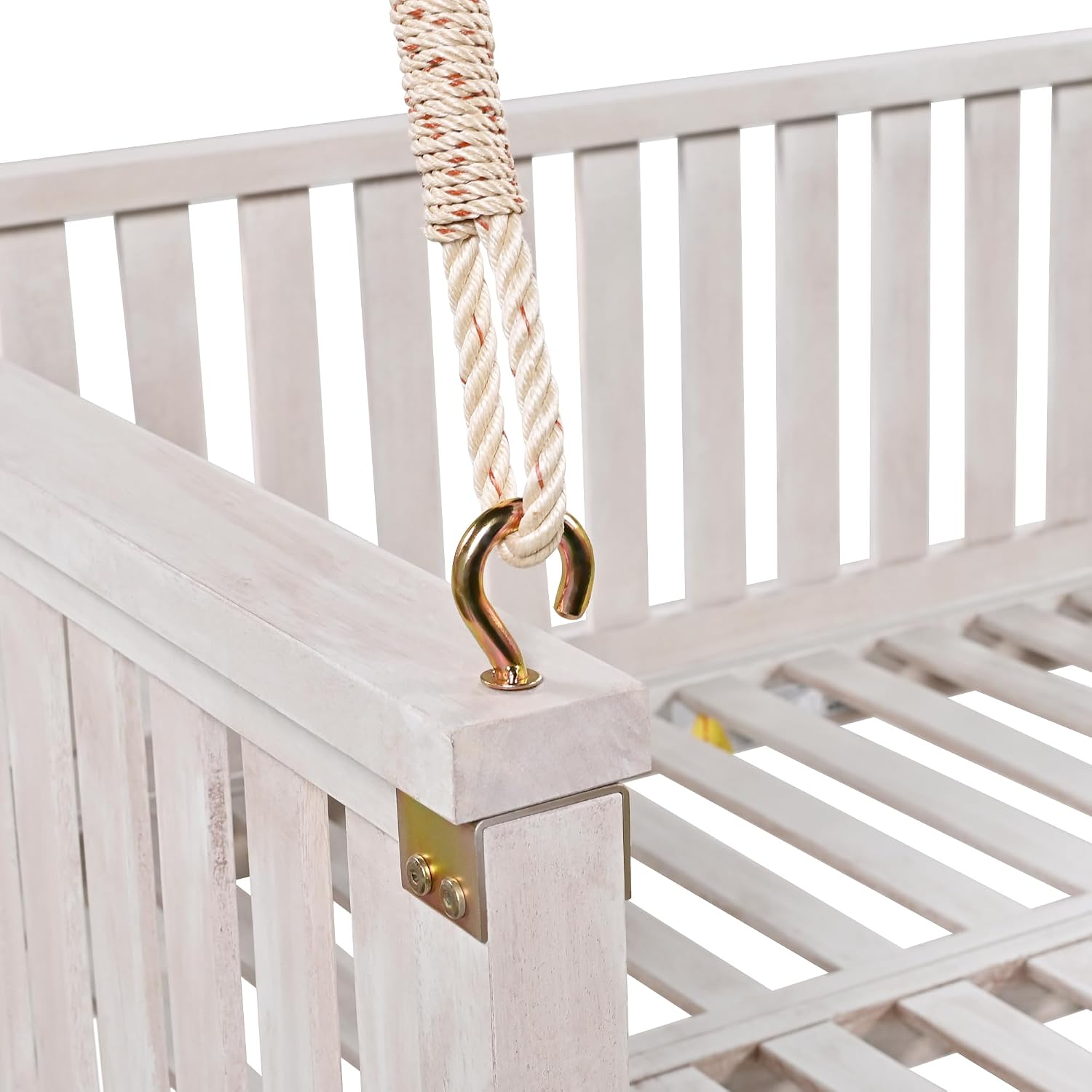 Minimalist 2-Person Acacia Wood Swing Bed, Patio Porch Swing with Ropes for Backyard Garden, Safe Sloped Design,Mattress, Cushions and Pillows not Included(White/Acacia)