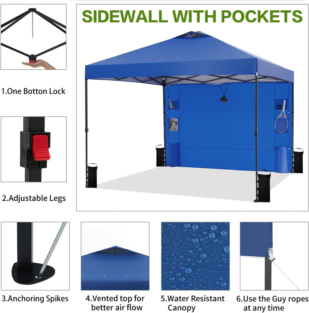 Tunbne 10'x10' Pop Up Canopy Tent with 1 Sidewall and 6 Pockets, One Push Setup, Instant Shade Tent with Vented Roof for Beach Patio Outdoor, Case, 8 Stakes, 4 Ropes, 4 Sandbags (Royal Navy, 10x10)