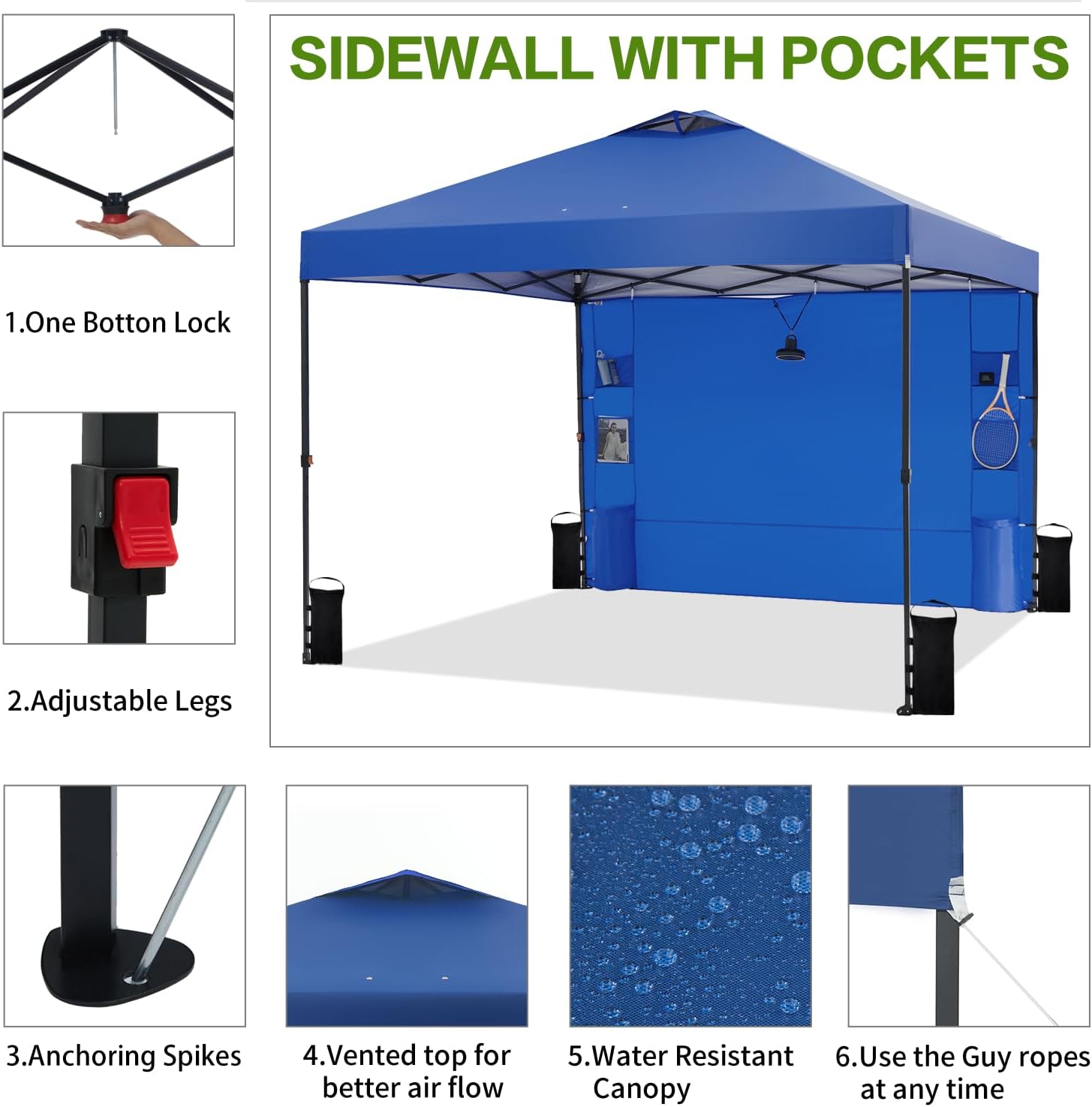 Tunbne 10'x10' Pop Up Canopy Tent with 1 Sidewall and 6 Pockets, One Push Setup, Instant Shade Tent with Vented Roof for Beach Patio Outdoor, Case, 8 Stakes, 4 Ropes, 4 Sandbags (Royal Navy, 10x10)