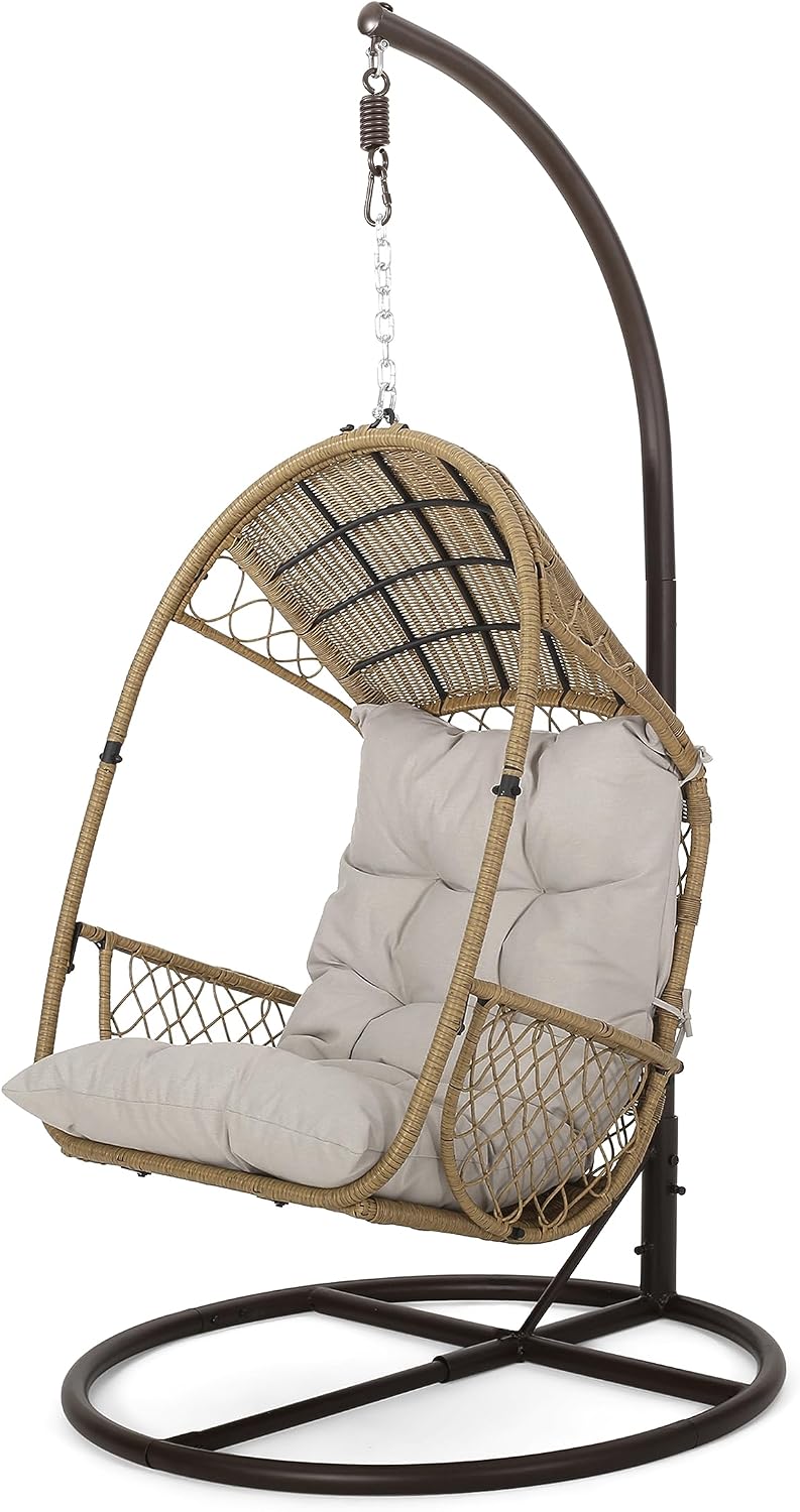 GDFStudio Outdoor Wicker Hanging Chair with Stand,Egg Swing Hammock Chair, Indoor Outdoor Wicker Egg Chair with Cushion for Patio Bedroom Porch Garden,400Lbs Capacity,Light Brown, Brown, and Beige