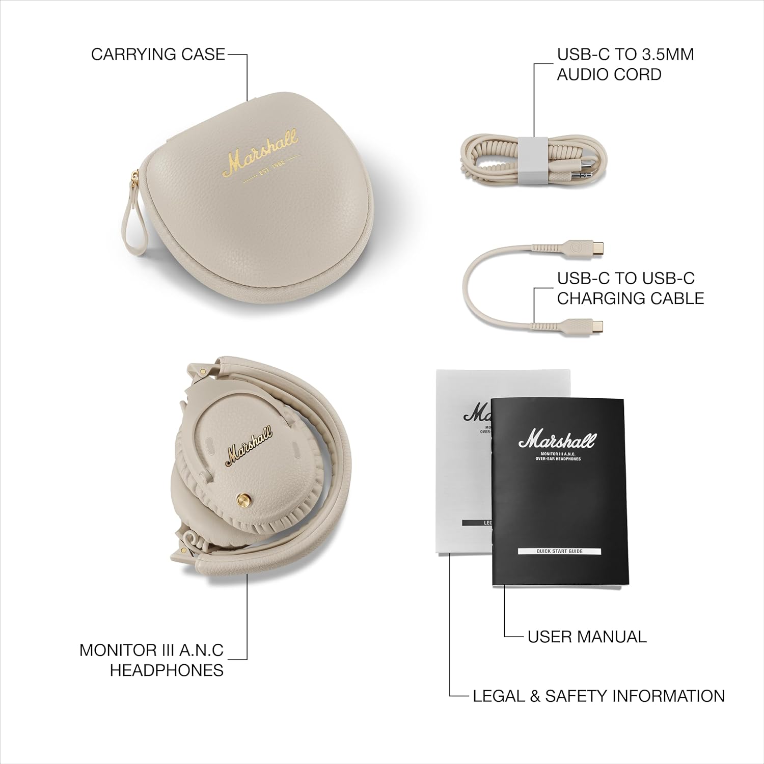 Marshall Monitor III A.N.C. Wireless Over-Ear Bluetooth Headphones - Active Noise Cancelling with Microphone | 100+ Hr Playtime | Lightweight, Foldable Design for Travel - Cream