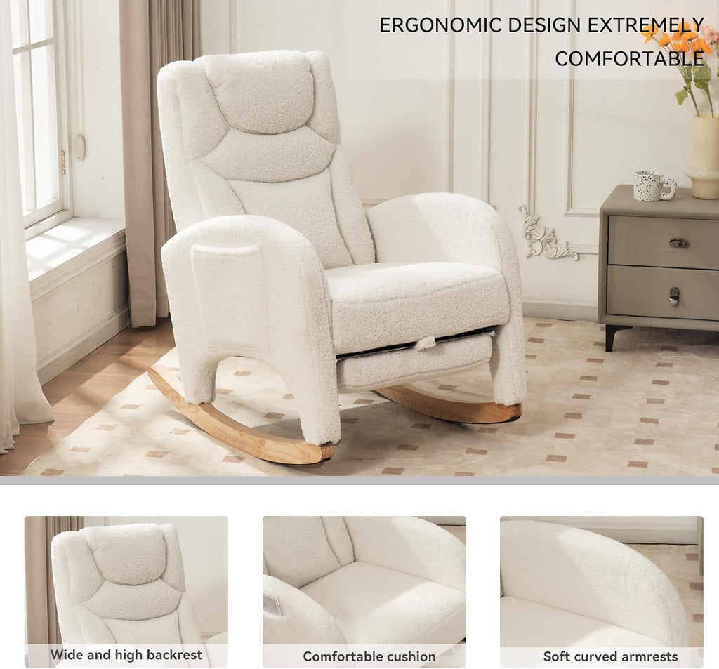 FOXHUNTER Rocking Chair Nursery, Modern Glider Chair with Adjustable Footrest and Solid Wood Legs, High Backrest Nursery Chair with Side Pocket, Rocker Armchair for Living Room Bedroom, Teddy Ivory