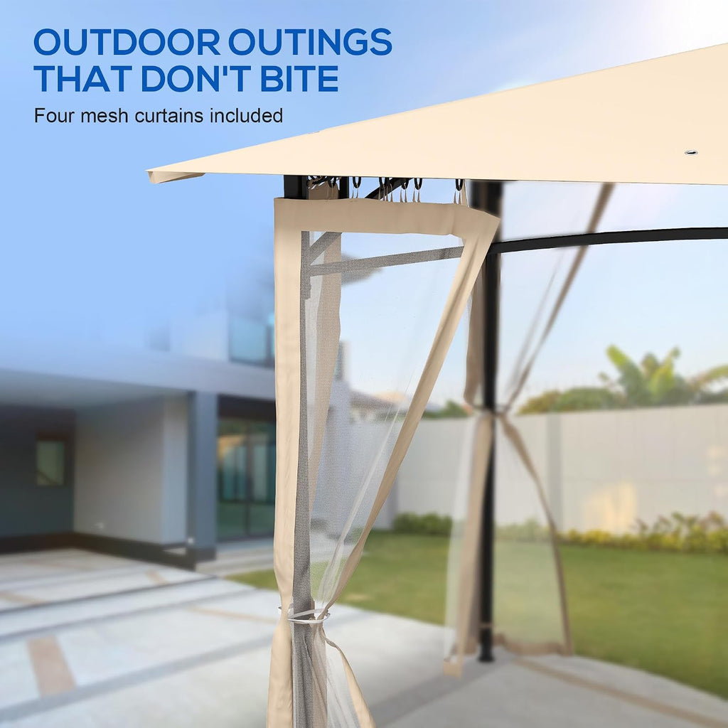 Outsunny 10' x 12' Patio Gazebo with Netting, Double Roof Outdoor Gazebo Canopy Shelter, Solid Metal Frame for Garden, Lawn, Backyard, Deck, Beige