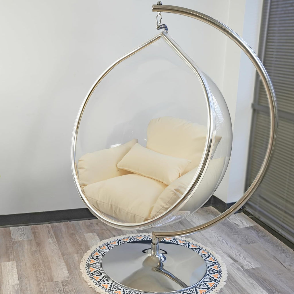Hanging Chair - Transparent Acrylic Bubble, Waterdrop Shape, Indoor Swing Chair with Gold/Chrome Stand, Durable Fabric Cushion - Luxury Accent for Living Room, Bedroom (Chrome/Ivory)
