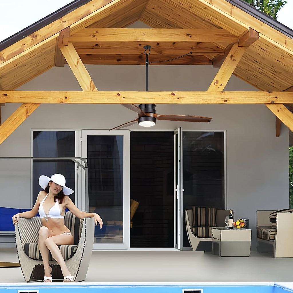 EKIZNSN 42' Wet Rated Ceiling Fans with Lights Outdoor Hanging for Gazebo Waterproof, DC Motor w 3 Reversible Walnut Wood Blades, Walnut