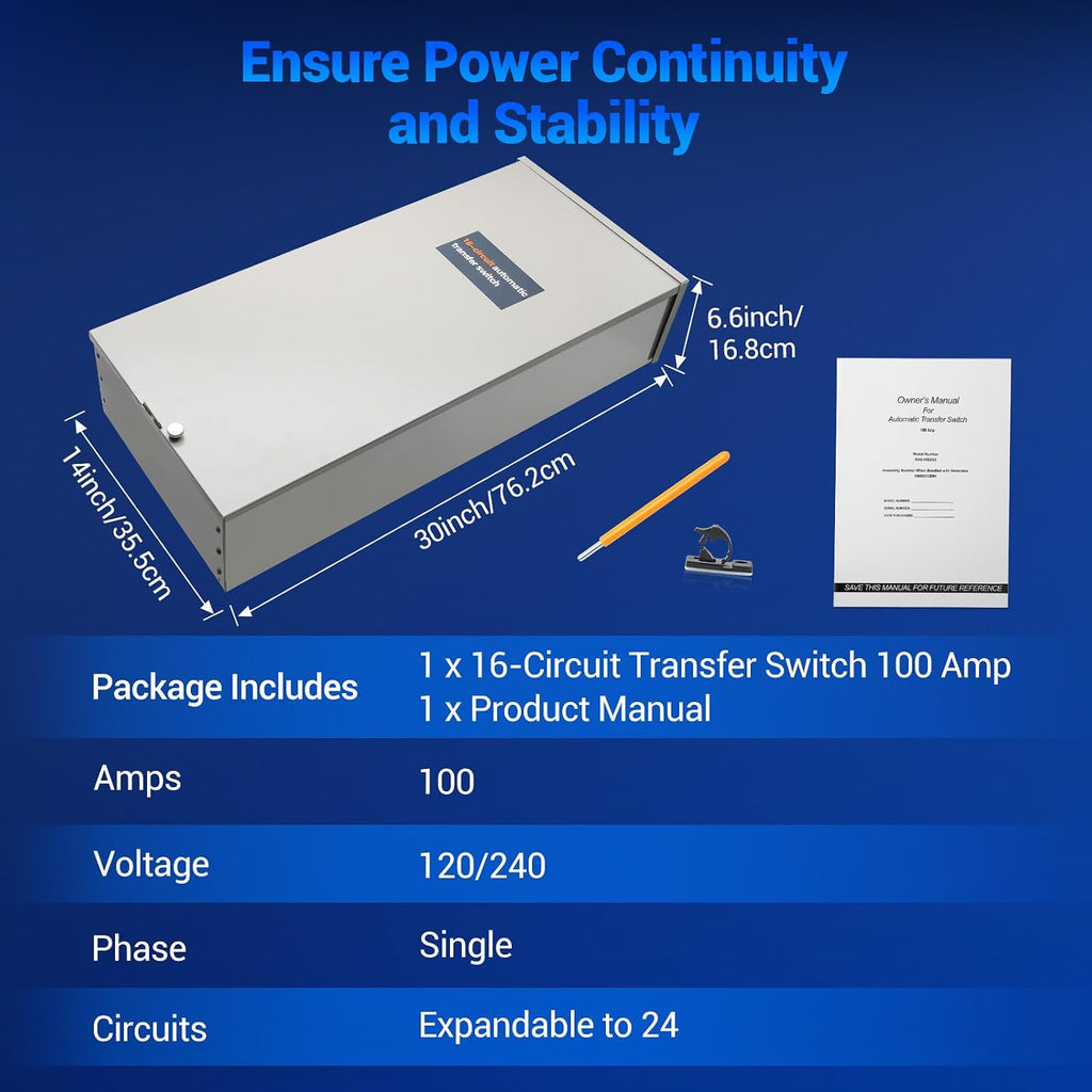 100 Amp Transfer Switch Replacement for Generac REXG16EZA3, 16-Circuit 100 Amp Automatic Transfer Switch with NEMA 3R Protection Enclosure, Suitable for Indoor and Outdoor Use