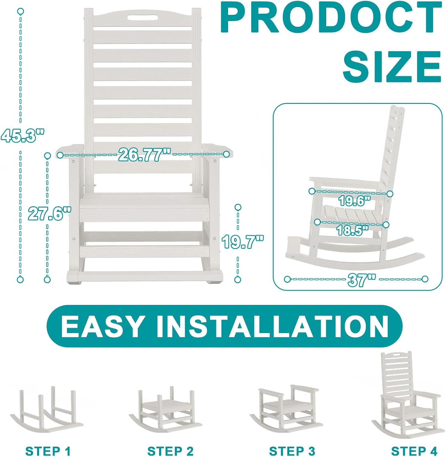 PLUUV Outdoor Rocking Chair with Removable Footboard for Adults, HDPE High Back Patio Rocking Chairs, 330lbs All Weather Porch Rocking Chairs for Outdoor & Indoor -White