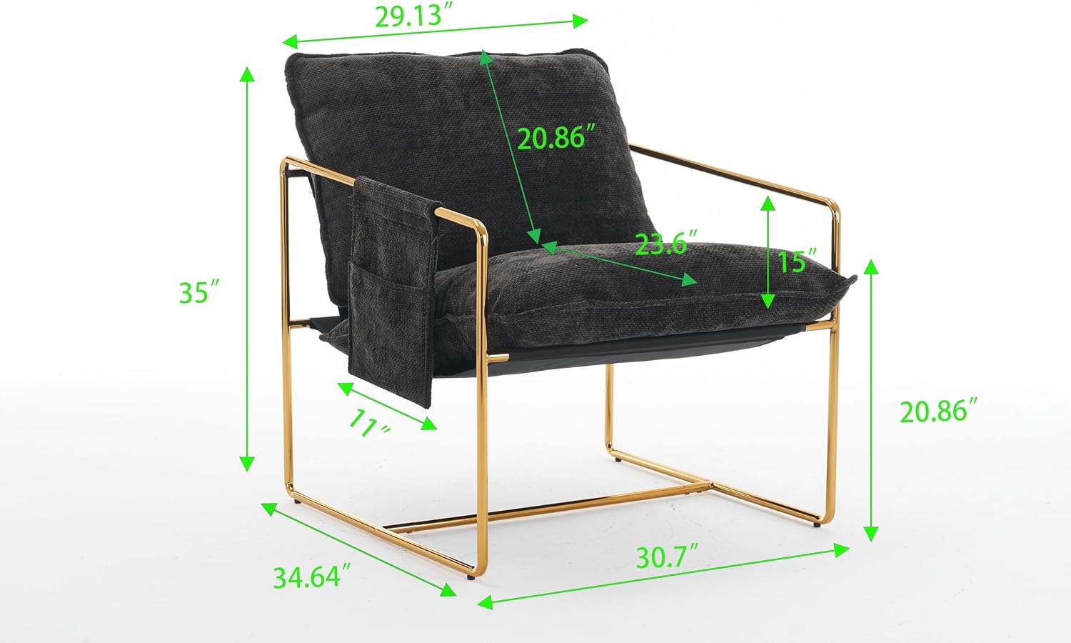 Comfy Sling Accent Chair Set of 2 Upholstered Hanging Armchairs with Pockets Metal Frame Skin-Friendly Fabric Reading Chair for Living Room Bedroom (Dark Grey Cushion & Gold Metal Frame)