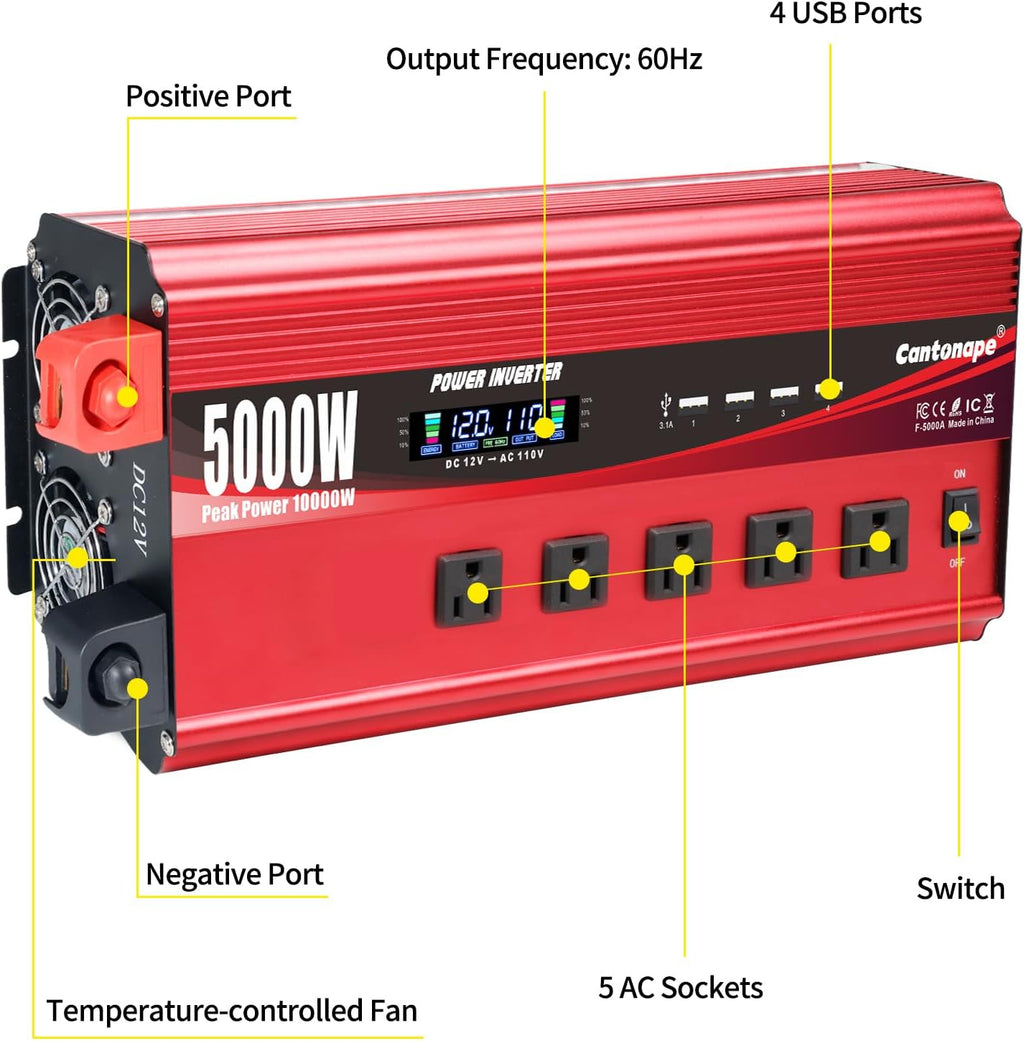 Cantonape 5000W Power Inverter 12V to 110V/120V DC to AC with LCD Display, Remote Controller 5 x AC Outlets and 4 x 3.1A USB Car Adapter for Car Truck Boat RV Solar System