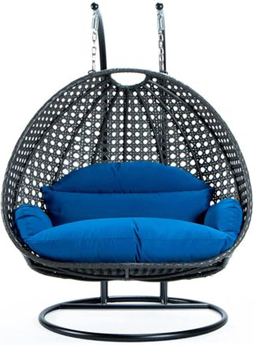 LeisureMod 2 Person Wicker Hanging Egg Chair with Stand & UV-Resistant Cushions for Indoor/Outdoor, Patio, Lounge, Hammock Seat, Blue
