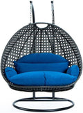 LeisureMod 2 Person Wicker Hanging Egg Chair with Stand & UV-Resistant Cushions for Indoor/Outdoor, Patio, Lounge, Hammock Seat, Blue