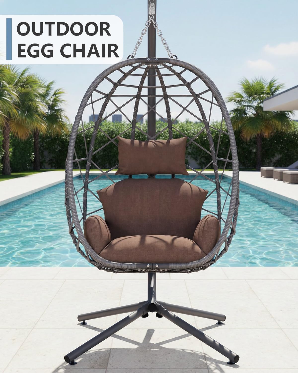 SWITTE Hanging Egg Chair with Stand, Outdoor Indoor Rattan Wicker Egg Swing Chair with Cushion, Heavy Duty Patio Hammock Chairs for Garden Backyard Balcony Bedroom, 400LBS Capacity, Brown
