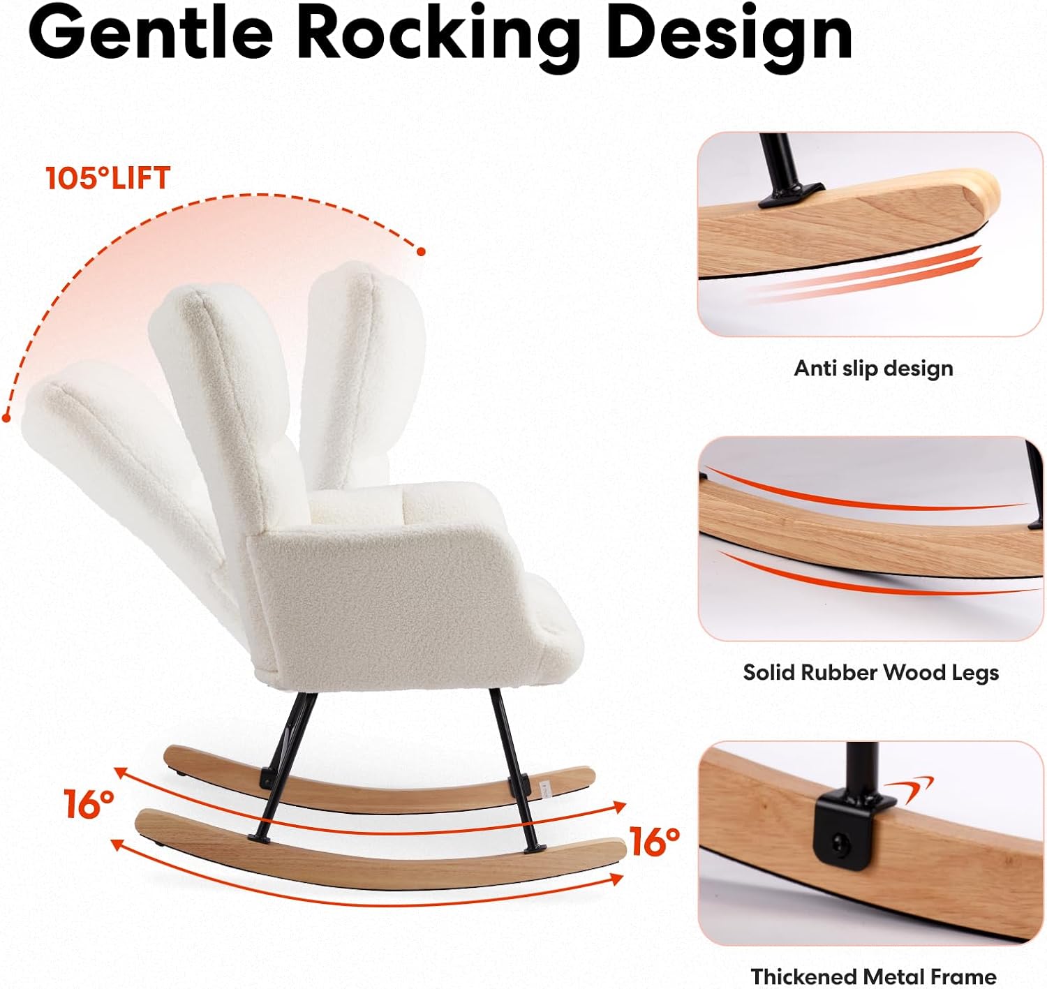HealSmart Nursery Rocking Chair Teddy - Upholstered Comfy Glider Rocker with High Back Armchair, Cozy Reading Recliner Fluffy Comfortable Chair for Bedroom, Baby Room, Living Room and Study, Beige