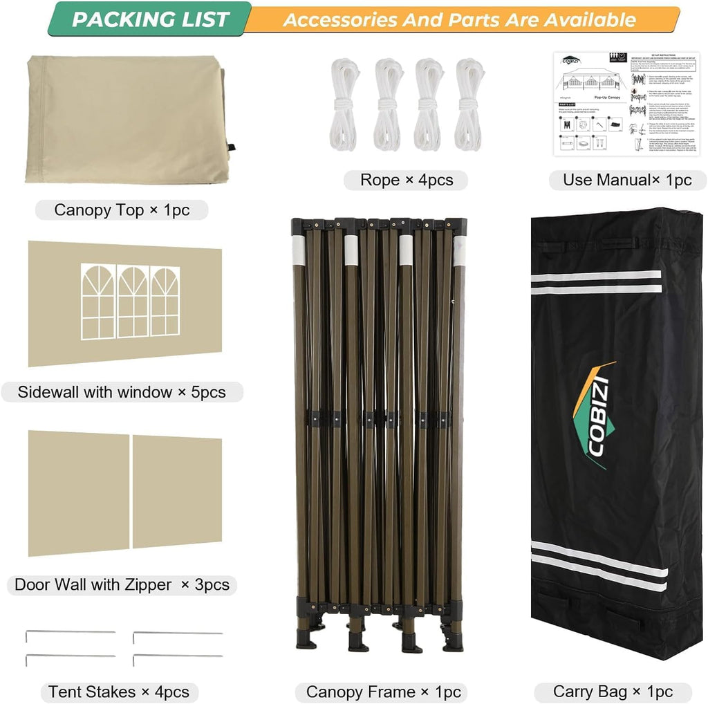 COBIZI Heavy Duty 10x30 Party Tent, Commercial 10x30 pop up Canopy for Parties Waterproof Gazebos with 8 Sidewalls, All Season Wind & Waterproof UPF50+,Stable Thickened Frame, Khaki