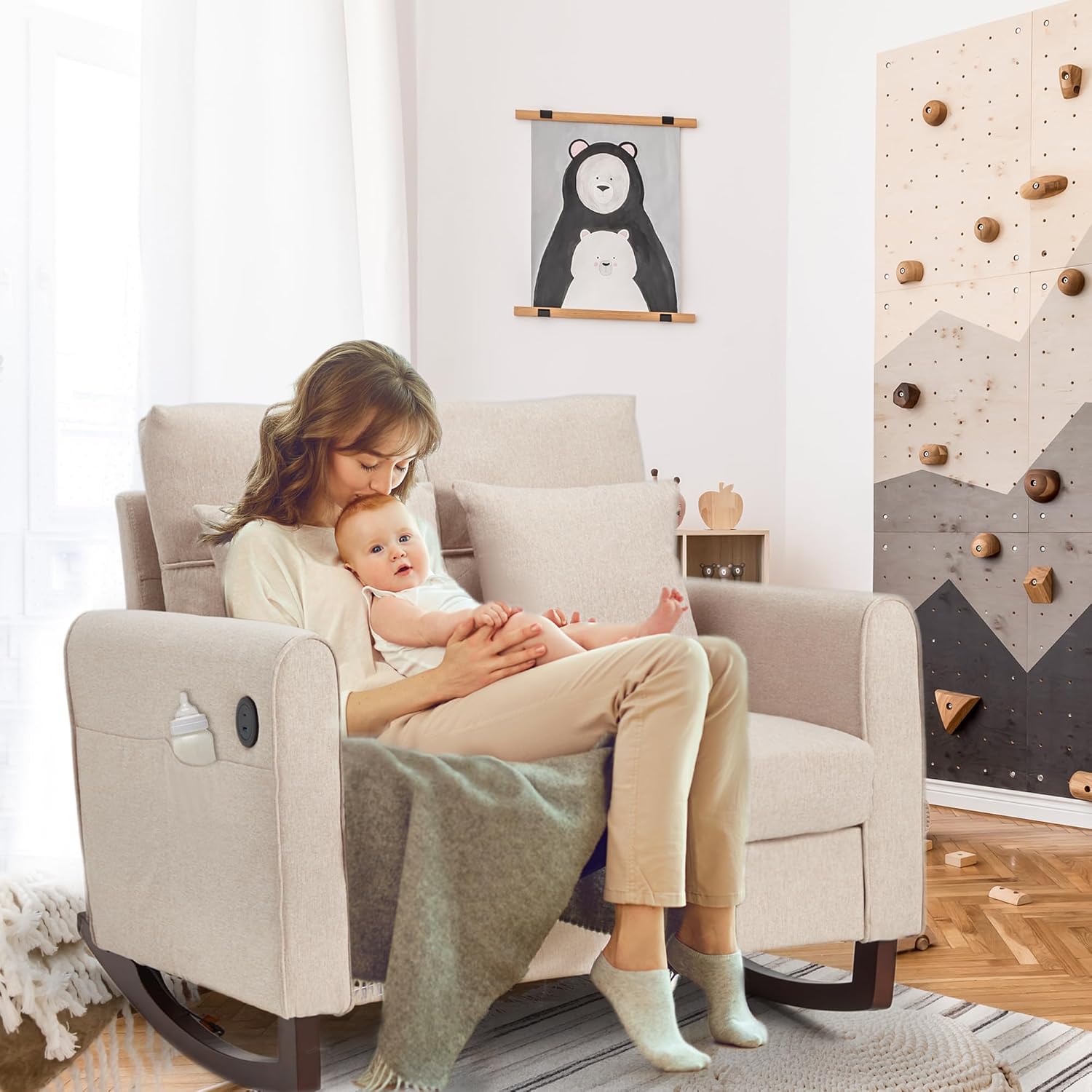 HOMREST Upholstered Oversize Rocking Chair, Nursery Rocking Chair with High Back and Side Pocket USB Port, Double Wide Rocker Armchair with Rubber Wood Legs for Living Room, Bedroom, Nursery, Beige