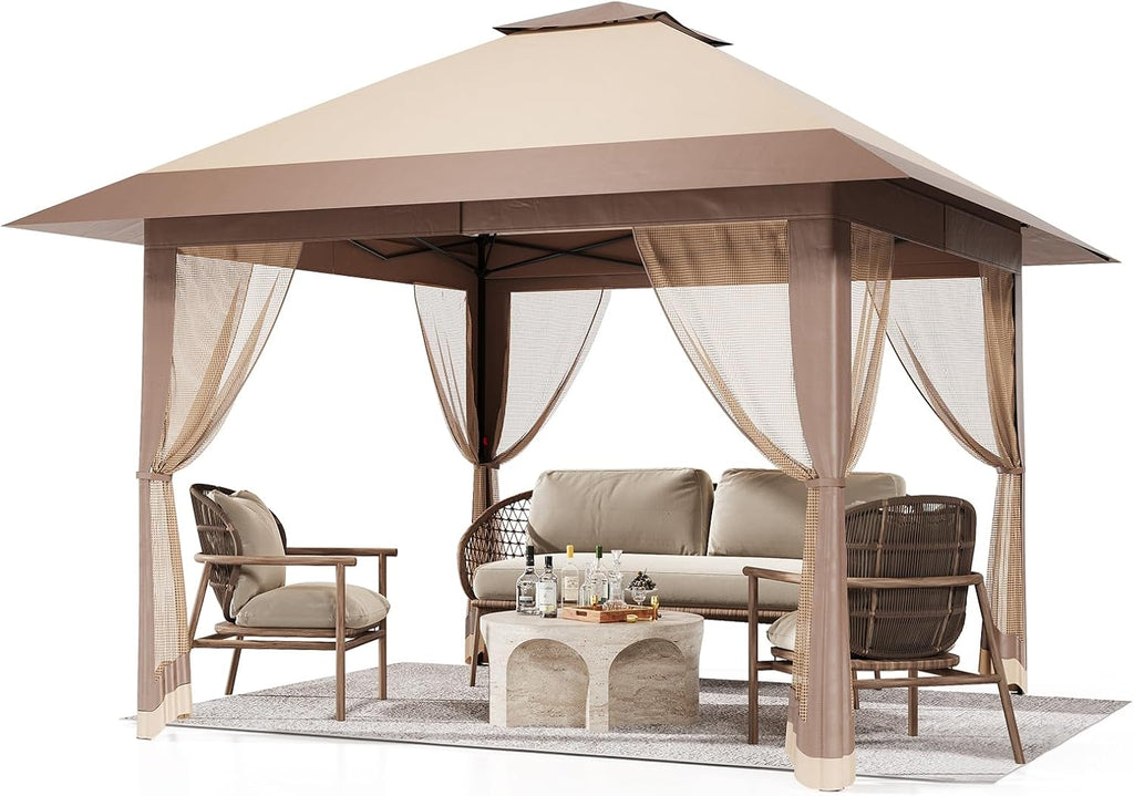 13x13FT Pop Up Gazebo with Mosquito Netting, Outdoor Canopy Tent with Double Roof, Folding Gazebo for Patio, Backyard, Garden, Camping, Party, Wedding, Adjustable Height Khaki