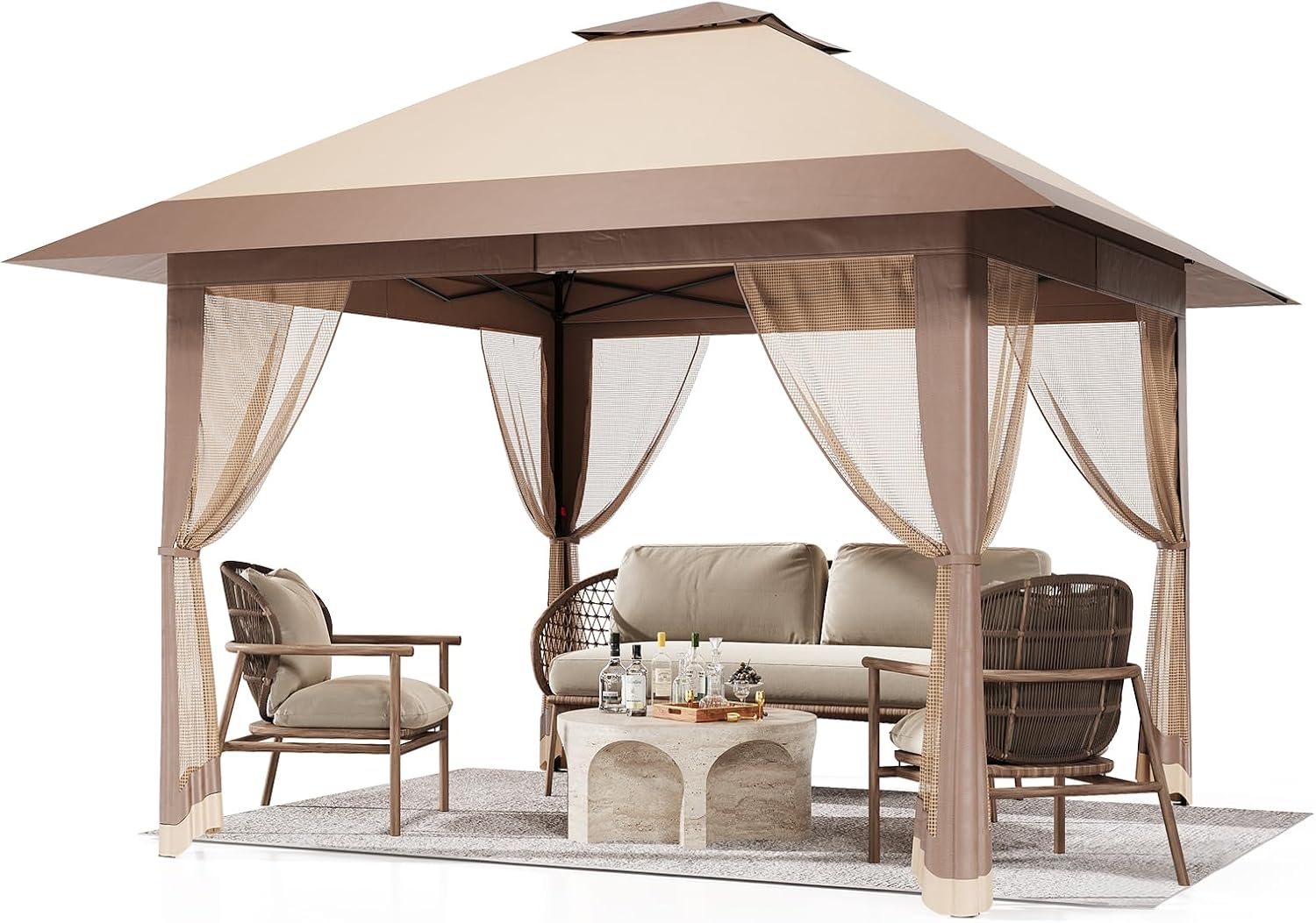 GarveeTech Pop Up Gazebo 13x13 ft Canopy Tent with Mosquito Netting, Outdoor Patio Gazebo with 3 Adjustable Heights, Tent Shelter Quick Setup Backyard Tent for Party,Wedding (Khaki)