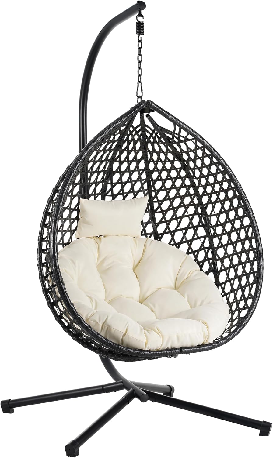 Sturdy Hammock Chair with Stand, Durable Hanging Egg Chair with Rattan Weaving,Comfortable Indoor Outdoor Swing Chairs with Soft Removable Cushion,Suitable for Balcony, Bedroom,or Garden, Black+Beige