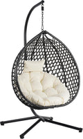 Indoor Outdoor Hammock Chair with Stand, Rattan Egg Hanging Swing Chair with Cushion for Balcony Bedroom Garden (Black+Beige)