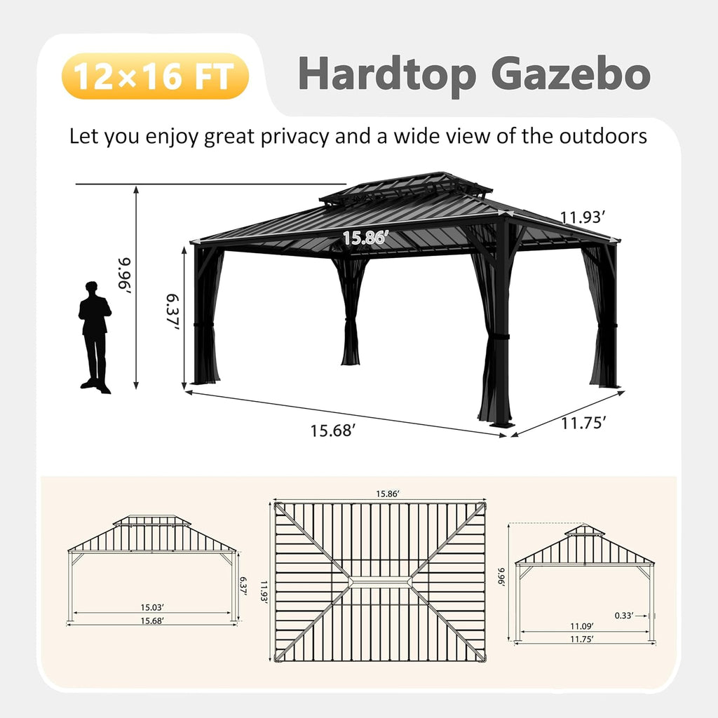 MUPATER 12x16 FT Double Roof Hardtop Gazebo, Outdoor Gazebo for Patio with Sidewalls and Mesh Netting, Aluminum Shade for Backyard, Garden, Pool, Party