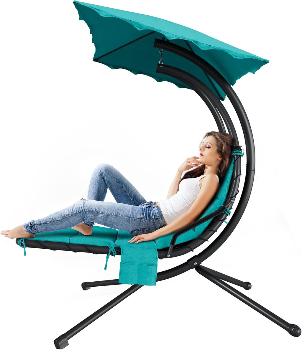 Hanging Chaise Lounge Swing Chair, Hanging Curved Chaise Lounge Chair Umbrella, Curved Steel Hammock Lounger Chairs for Outdoor Indoor Patio Pool Garden Backyard Porch
