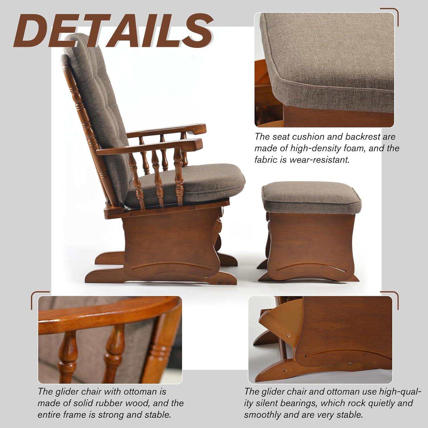 Anti-Pinch Solid Wood Hand Glider Rocking Chair Set with Ottoman, with Padded Cushion, Rustic Rubber Wood Nursery Glider for Nursing, Relaxing, Living Room, Bedroom, Oak Colored
