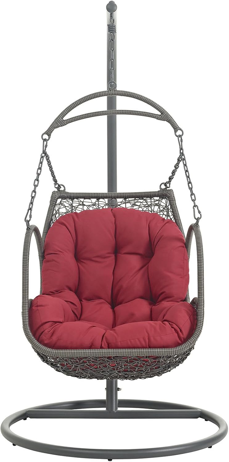 Modway Arbor Wicker Rattan Outdoor Patio Porch Lounge Hanging Swing Chair Set with Stand in Red