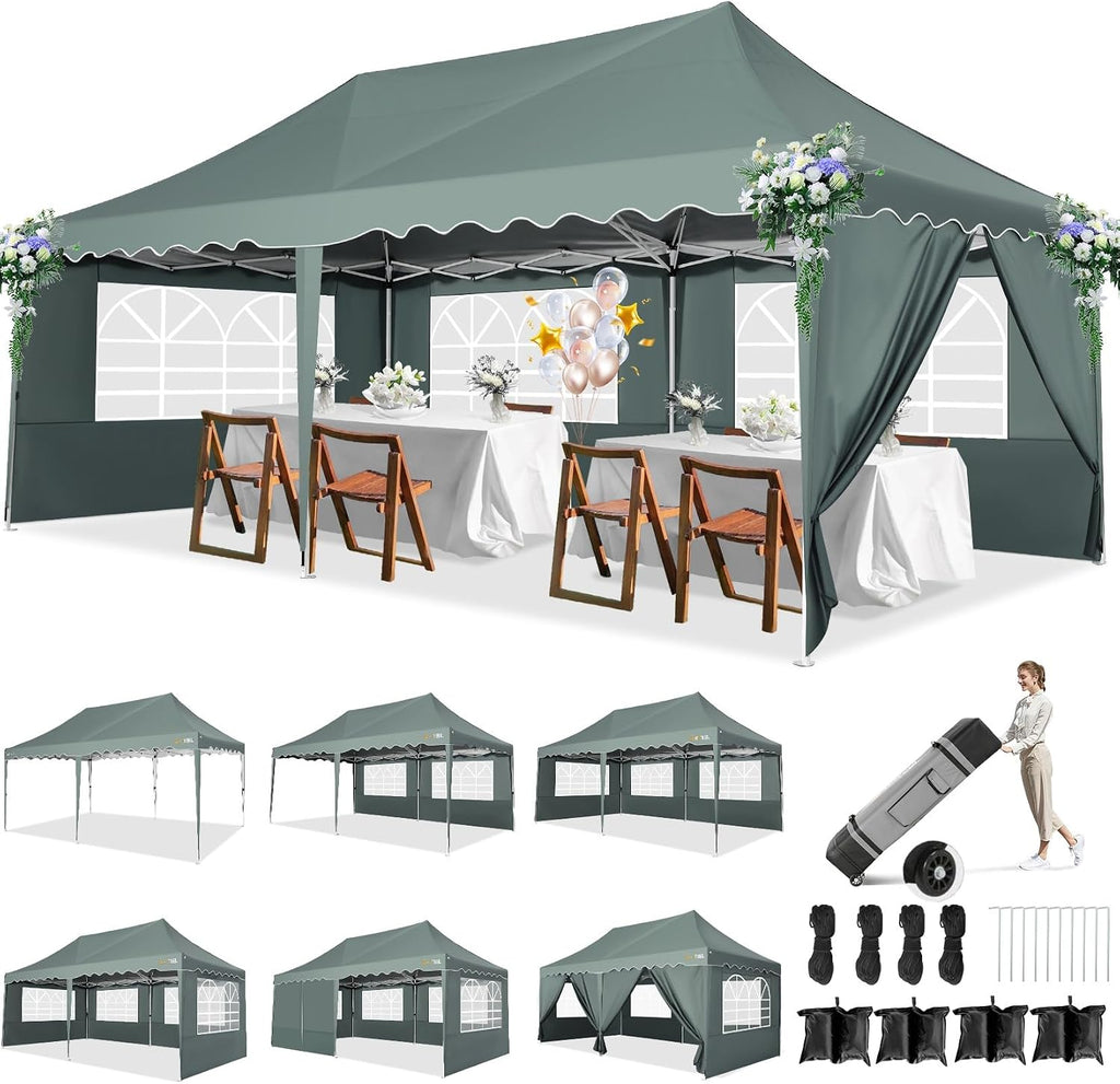 HOTEEL 10x20 Pop Up Canopy Tent with 6 Sidewalls, Waterproof UV50+ Outdoor Shelter for Parties and Events, Easy Setup with Wheeled Bag & 4 Weight Bags, Gray