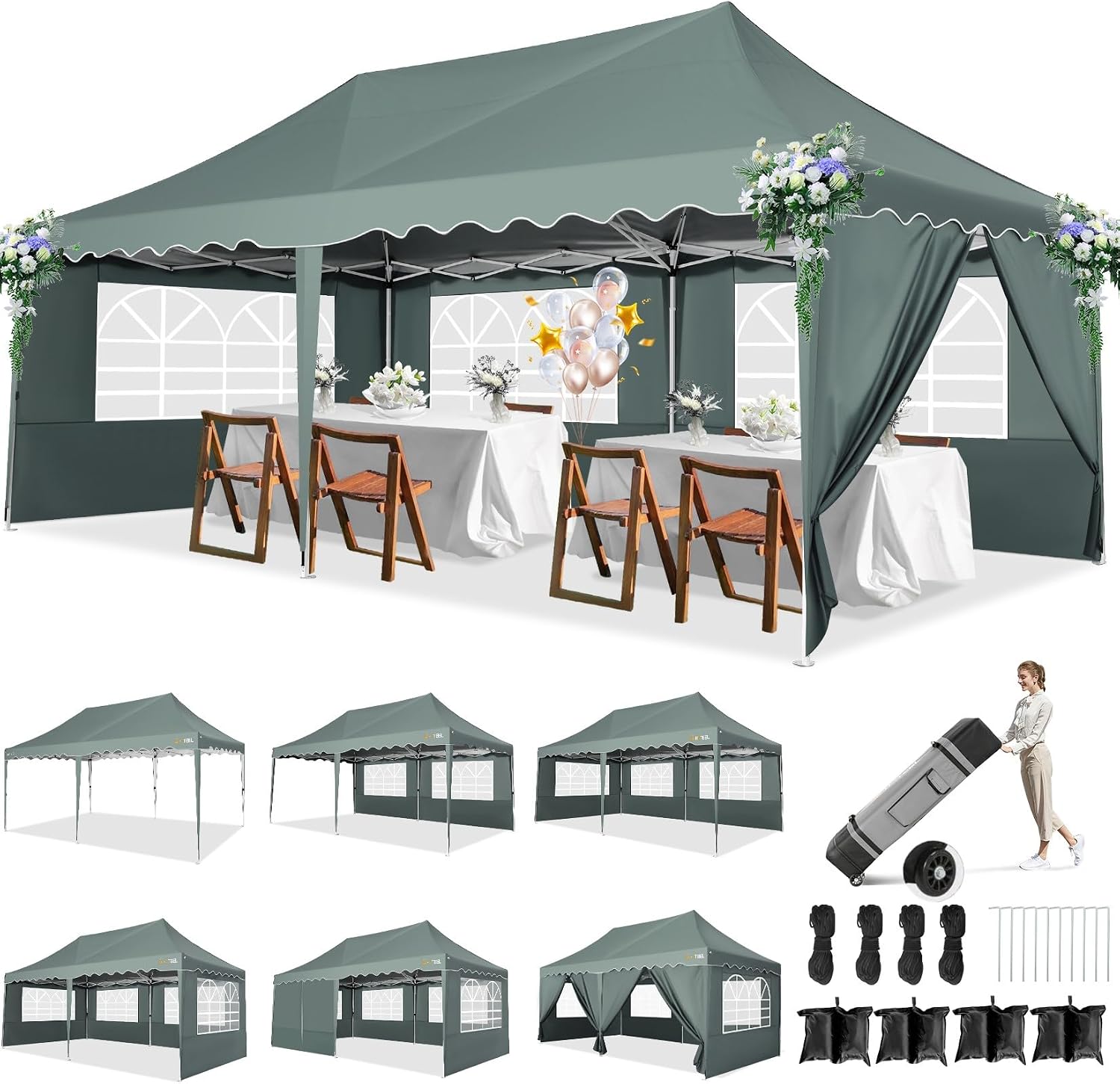 HOTEEL 10x20 Pop Up Canopy Tent with 6 Sidewalls, Waterproof UV50+ Outdoor Shelter for Parties and Events, Easy Setup with Wheeled Bag & 4 Weight Bags, Gray