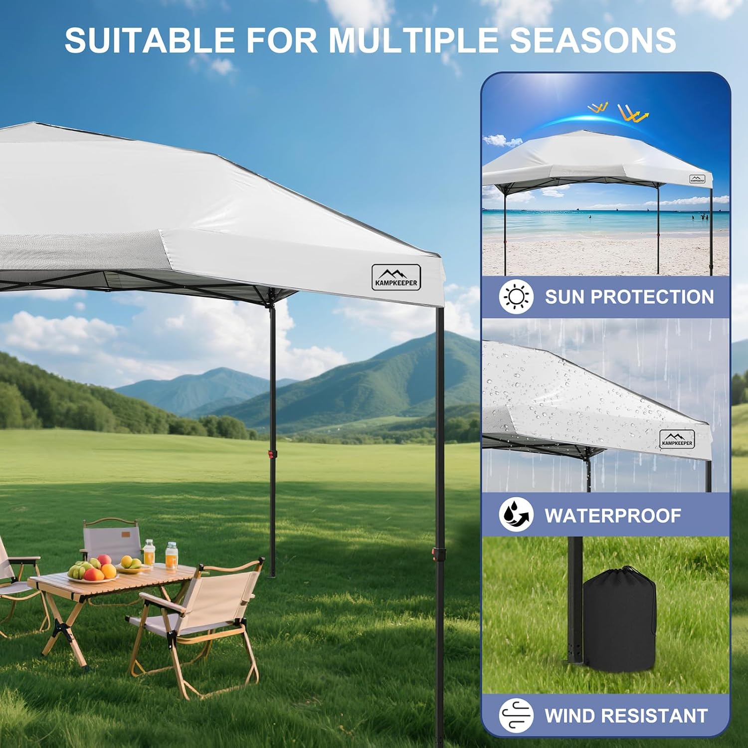 KAMPKEEPER 12x12 Pop Up Canopy Tent,Heavy Duty Outdoor Sun Shade for Events,Camping,Parties - Polygonal Patio Gazebo with Wheeled Bag,4 sandbags (White, 12x12FT)