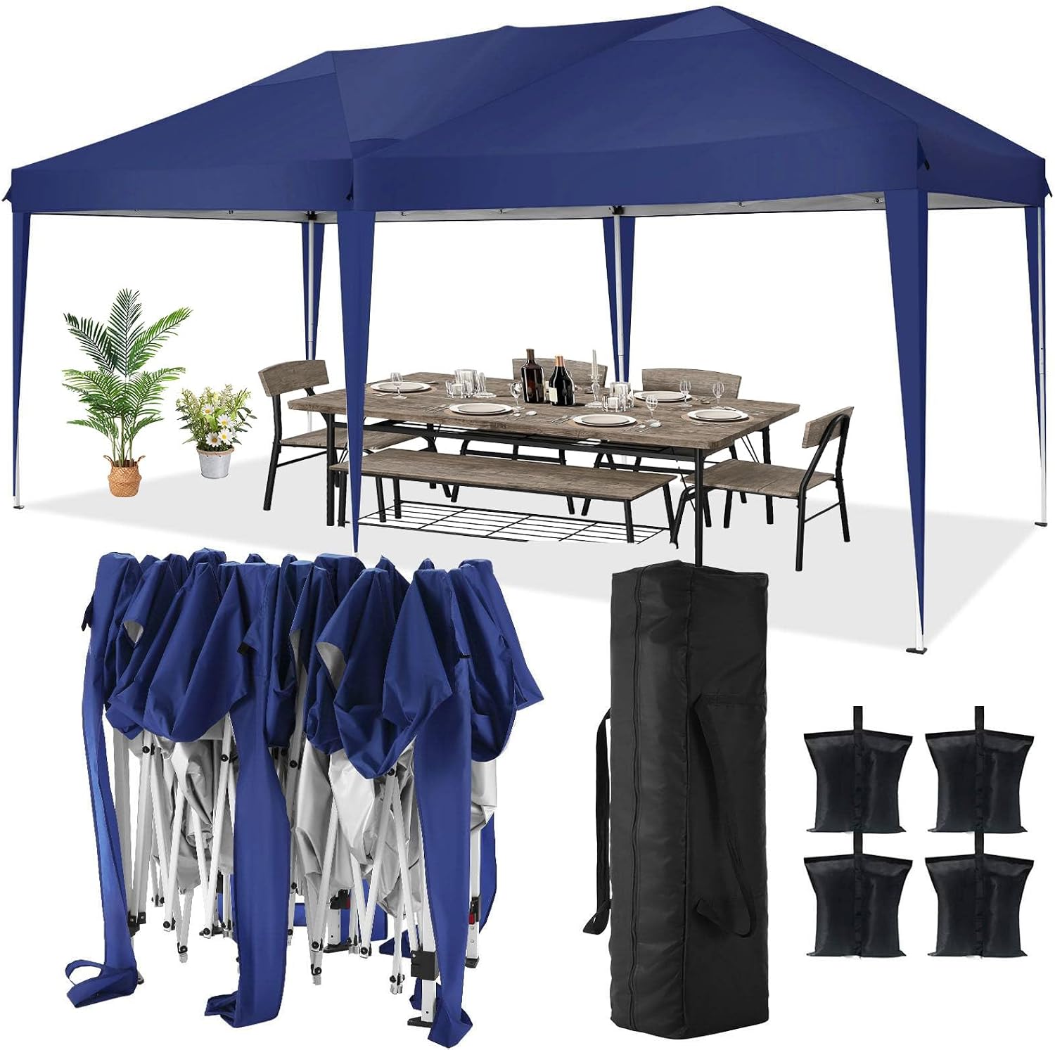 COBIZI 10x20 Pop Up Canopy Tent Party Tents for Parties Weddings Backyard Waterproof Outdoor Commercial Instant Canopy Event Tent with Stakes, Ropes,Sandbags, Deep Blue