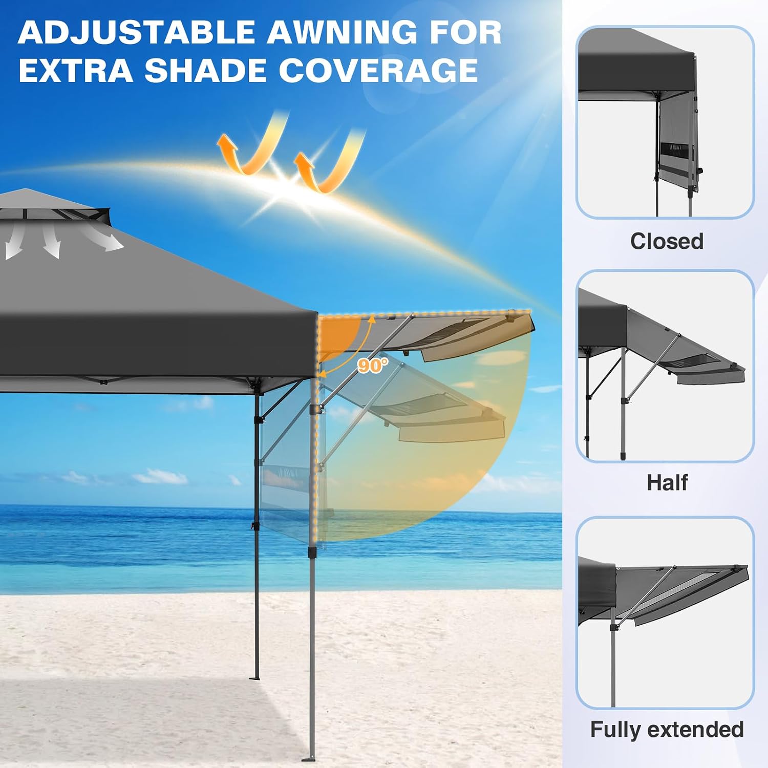 EAGLE PEAK 17x10 Pop up Gazebo Canopy Tent Outdoor Instant Canopy Shelter with Adjustable Dual Half Awnings (Gray)