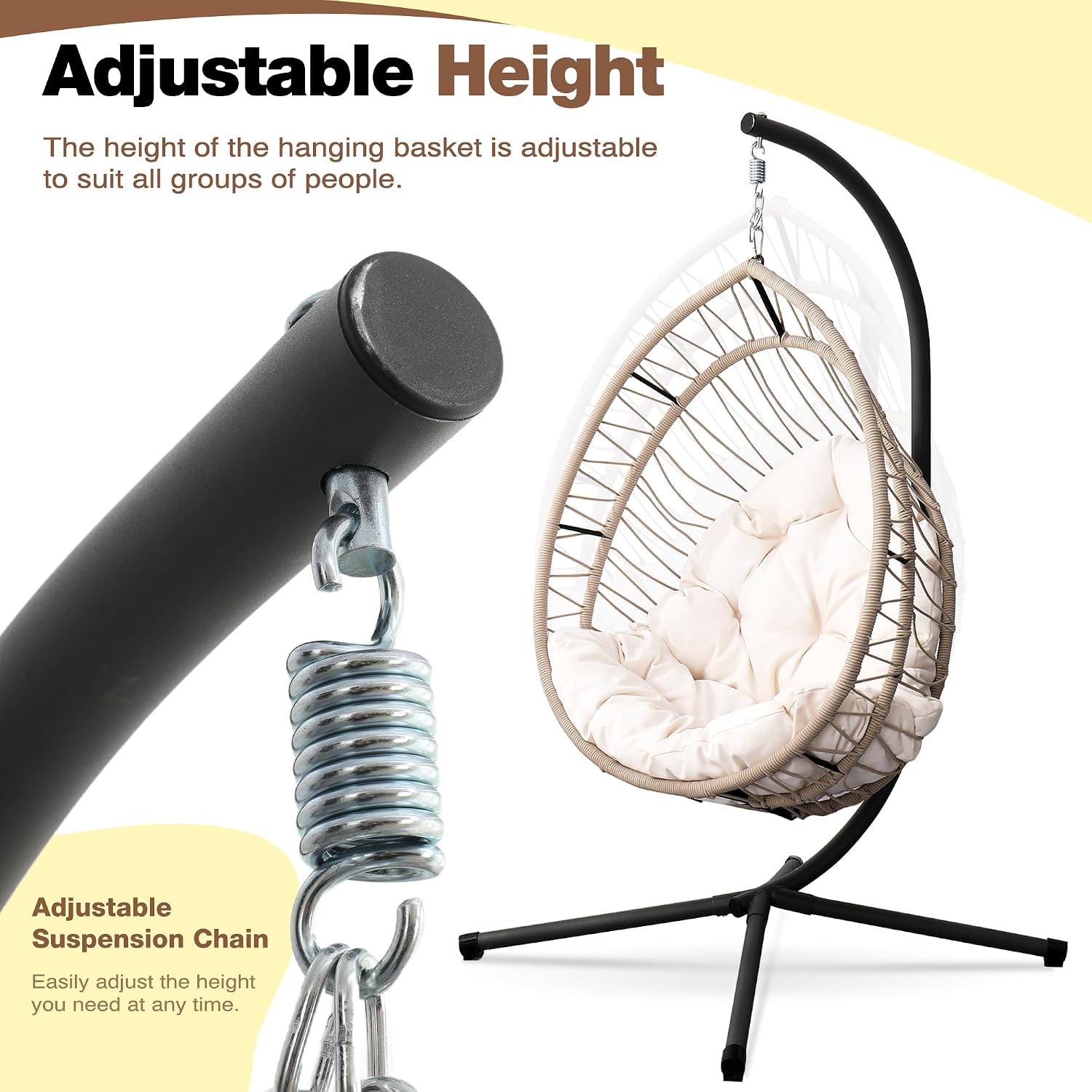 Hanging Egg Chair with Stand, Foldable Patio Hammock Egg Swing Chair Made by All-Weather Core-Spun Polyester Rope with Soft Cushion for Bedroom Garden Indoor Outdoor, 350Lbs Cap. (Beige)