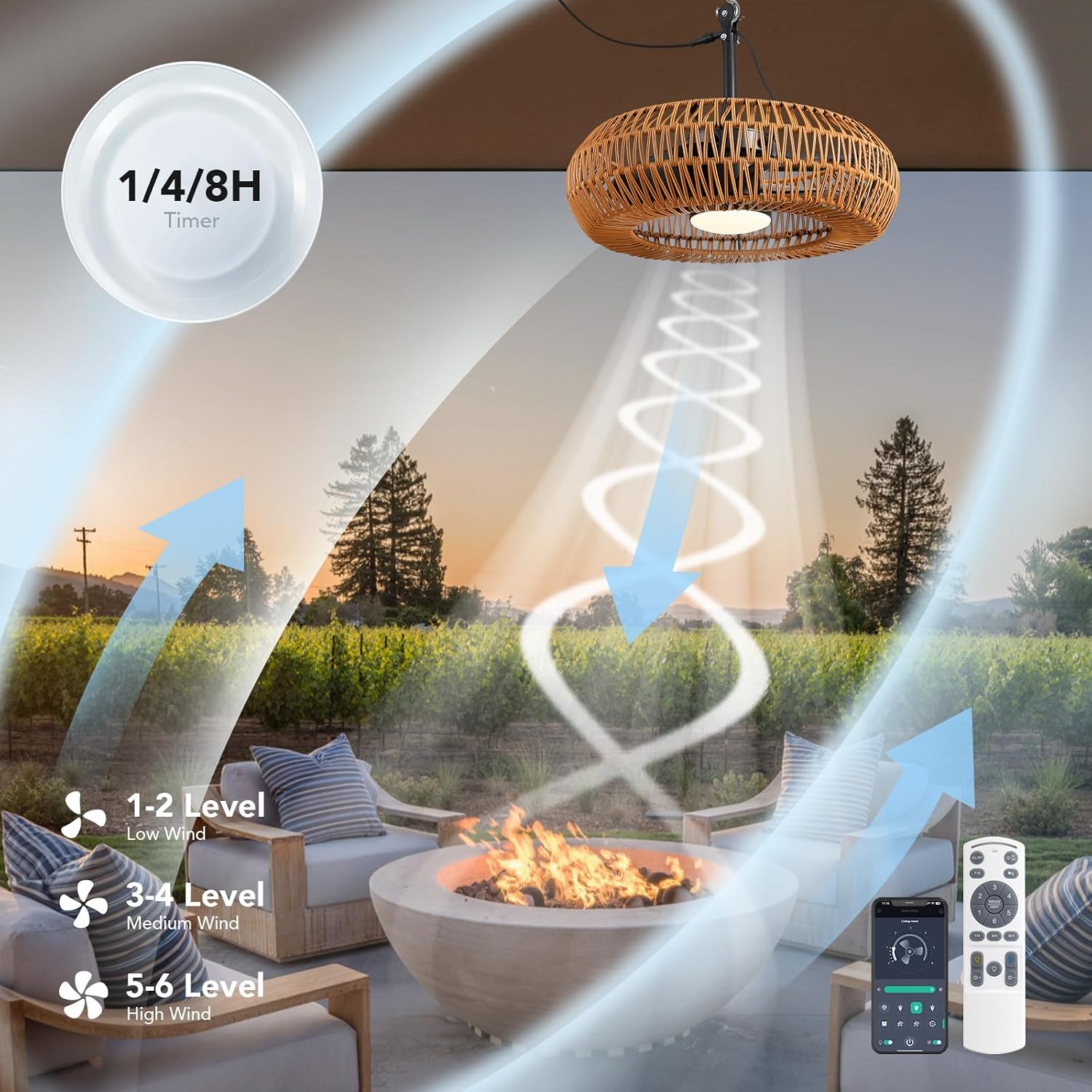 23.6' Outdoor Ceiling Fans with Lights for Patios, Waterproof Plug in Ceiling Fan with Remote, 3CCT Dimmable, Reversible, Gazebo Fan with Hanging Hook for Canopy,Pergola,Porch