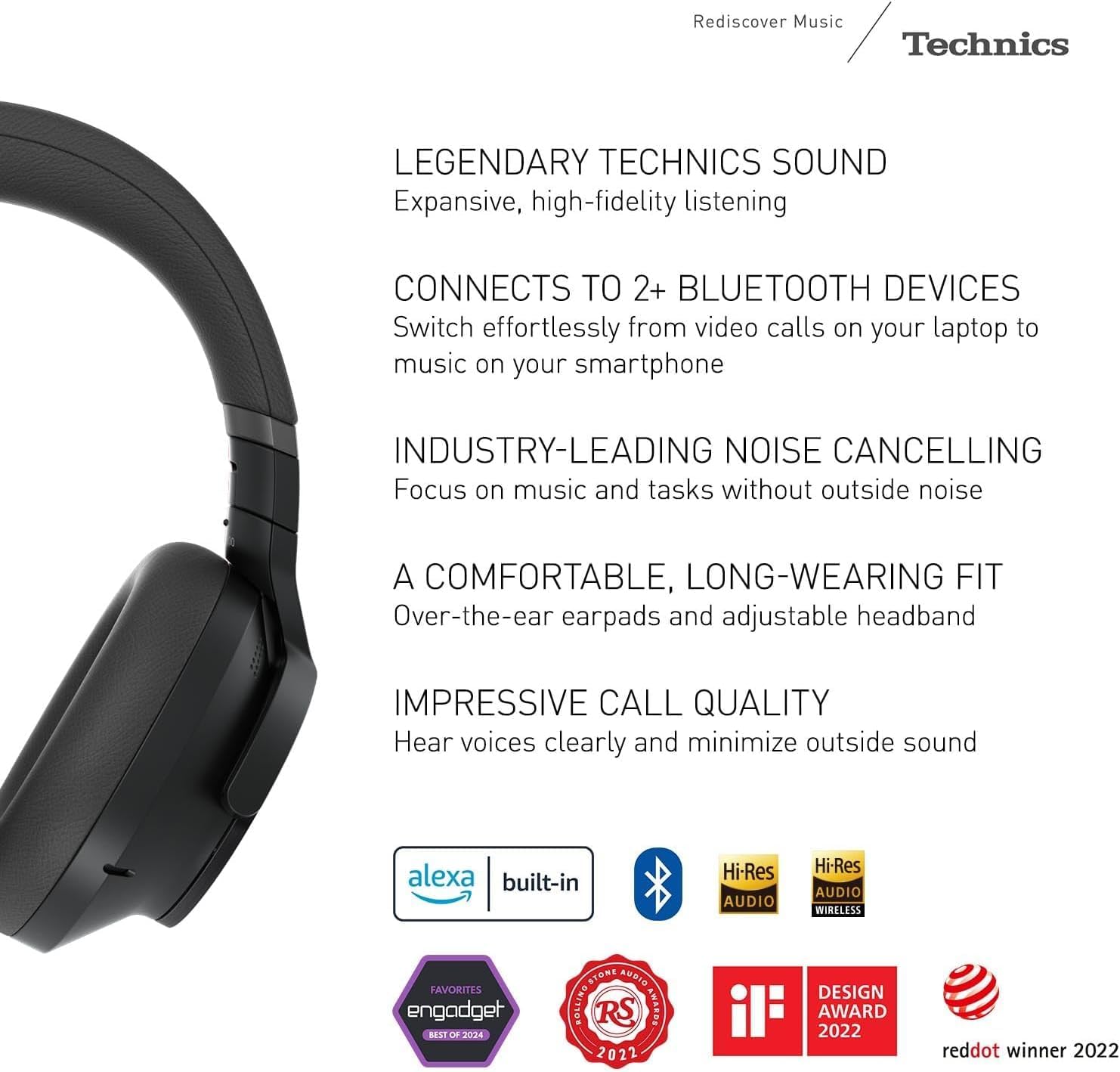 Technics - Wireless Noise Cancelling Over-Ear Headphones with 2 Device Multipoint Connectivity - EAH-A800-K Black