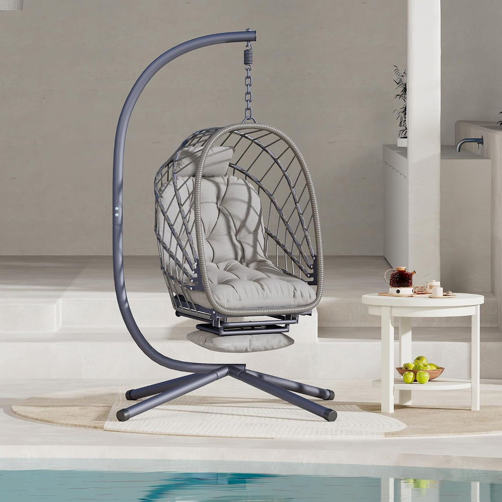 Outdoor Egg Swing Chair with Stand and Footrest, Comfy Patio Hammock Hanging Rocking Egg Chair with Cushion for Bedroom Indoor, Dark Gray (Light Grey)