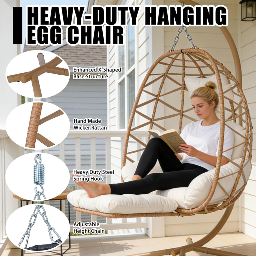 Hanging Egg Chair with Stand & Leg Rest,Rattan Wicker Swing Chair with Cushion,Patio Basket Hanging Chair Wicker Hammock Chair for Indoor Outdoor Bedroom Garden,300LBS (Yellow Rattan&Cream Cushion)