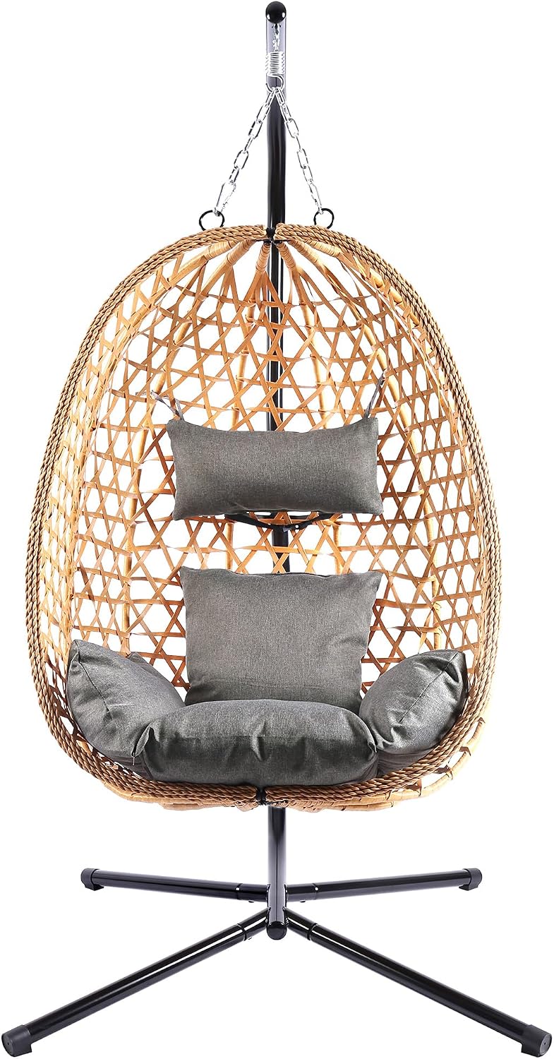 LHBCraft Hanging Egg Chair with Stand, Patio Wicker Swing Chair, Hammock Style with 350LBS Capacity for Bedroom, Balcony, or Garden (Yellow-Grey)