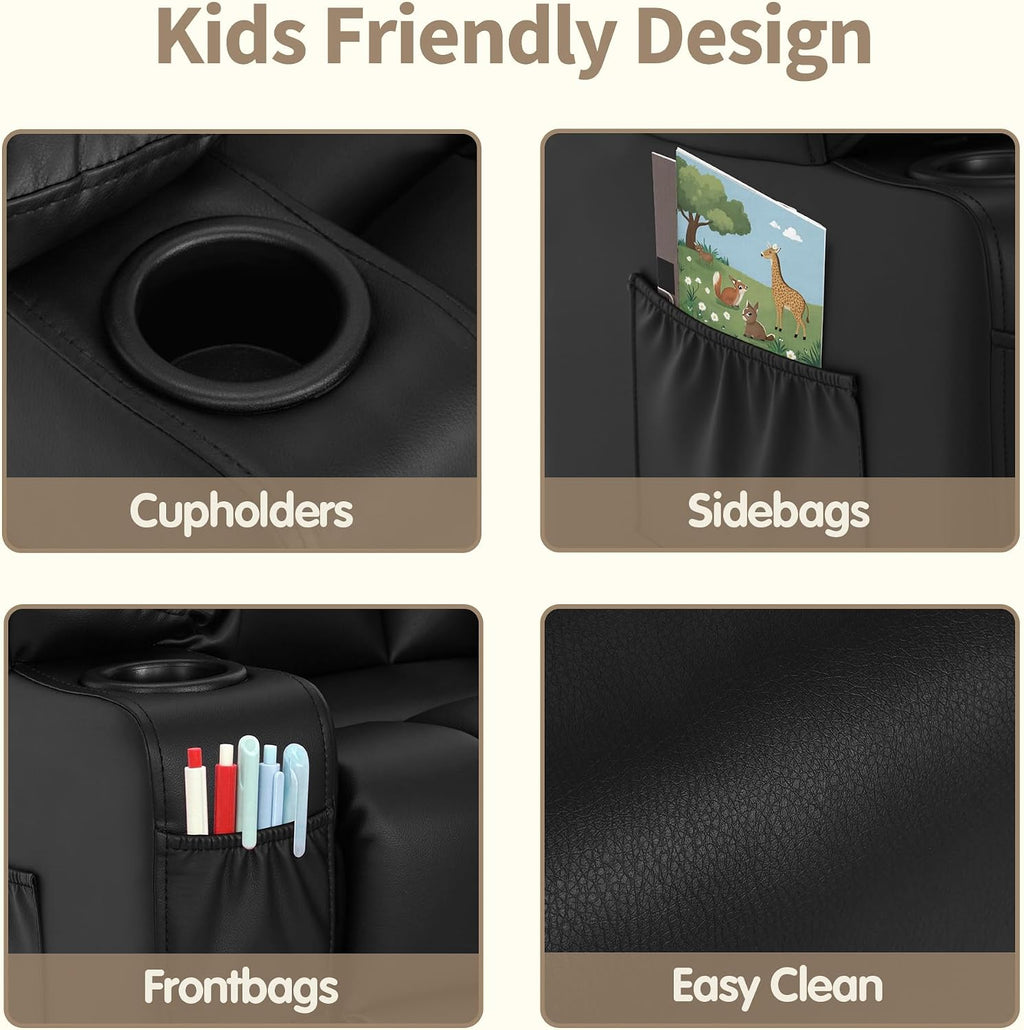 MCombo Big Kids Recliner for Ages 3+, Child Reclining Chair, Toddlers Recliner Sofa with Cup Holders (Faux Leather, Black)