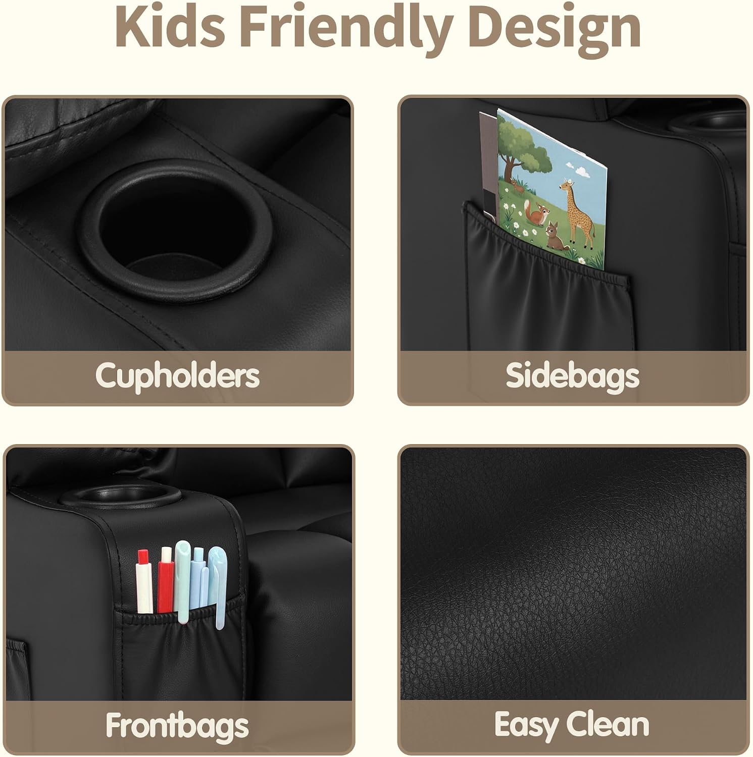 MCombo Big Kids Recliner for Ages 3+, Child Reclining Chair, Toddlers Recliner Sofa with Cup Holders (Faux Leather, Black)