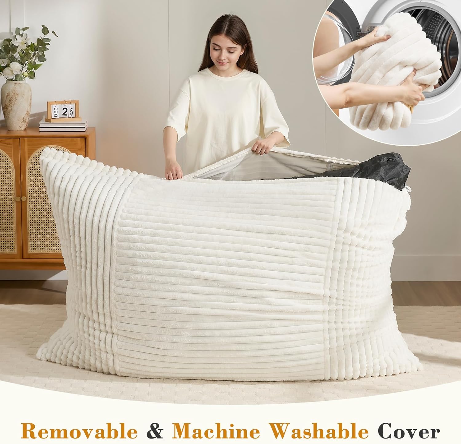 3-in-1 Giant Bean Bag Chair for Adults & Kids, Convertible Floor Sofa to Mattress, High-Density Foam Chair Bed with Washable Cover, Multi Functional Lounge Couch for Bedroom, Living Room (Beige)