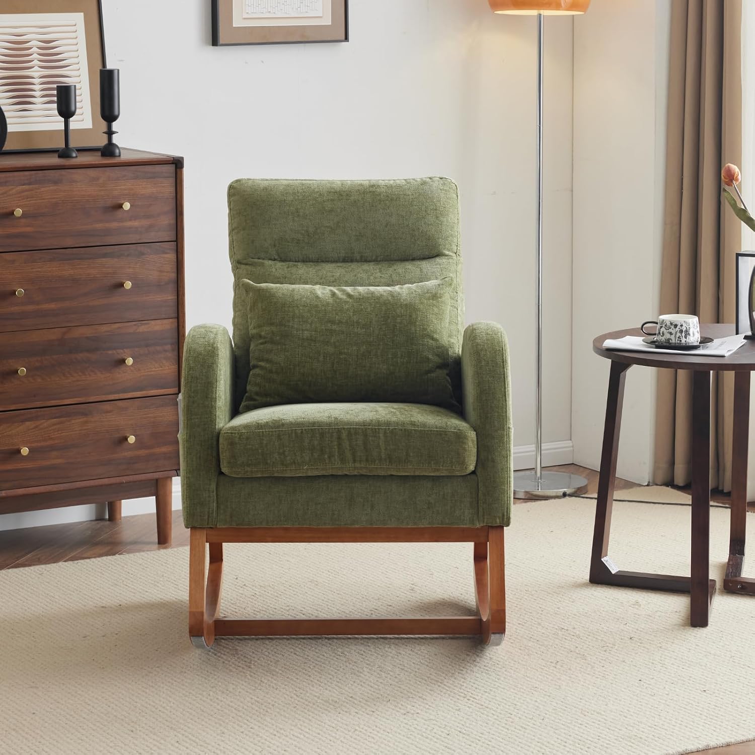 VINGLI Olive Chenille Rocking Chair Nursery with Thick Headrest, Upholstered Mid-Century Modern Nursing Rocker Glider with Curved Armrest, Sturdy Solid Wood Base for Living Room, Bedroom, Baby Room