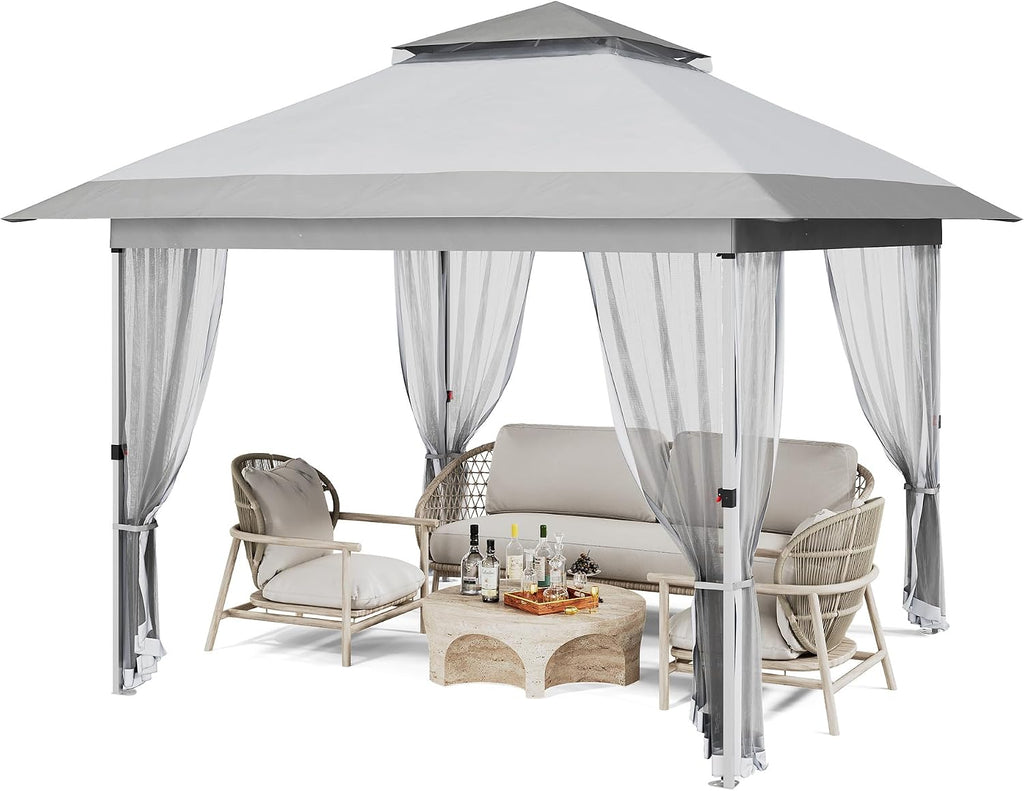 Pop Up Gazebo, 10x10 Outdoor Canopy Tent with Mosquito Netting, Pop Up Canopy Tent with Curtains/Adjustable Height/Wheeled Carrying Bag for Patio Garden Backyard Lawn