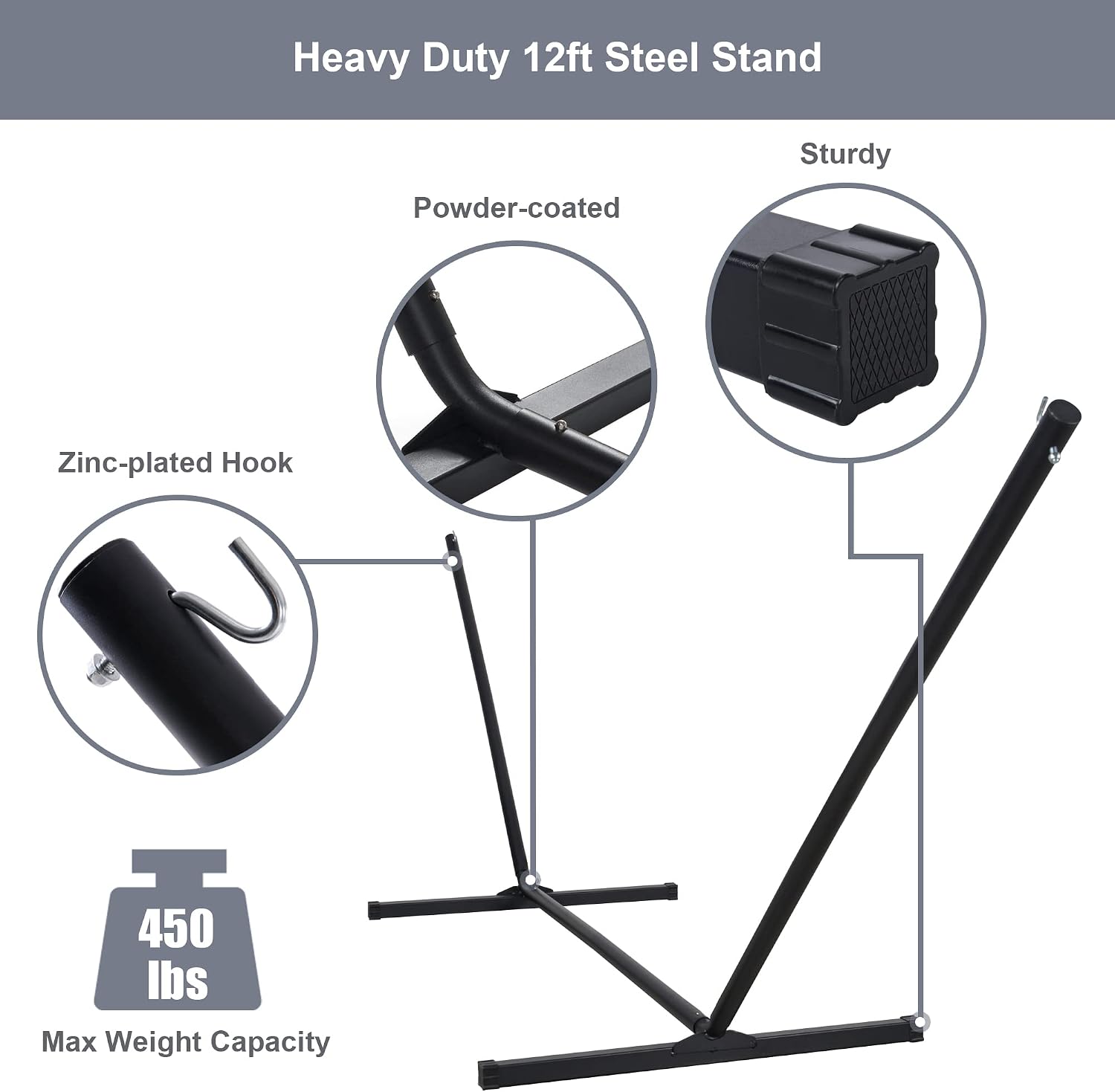 Large Hammock with 12FT Steel Stand, Freestanding Hammock with Curved Spreader Bar, Pillow and Portable Bag for Outside, Gray Ripples