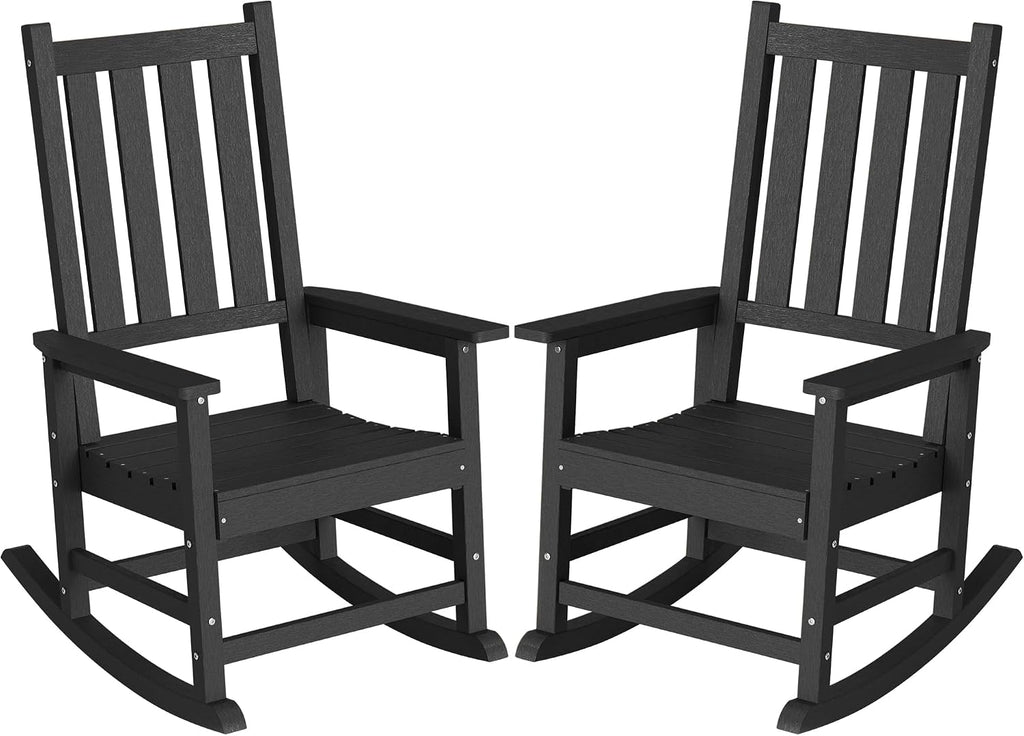 HDPE Outdoor Rocking Chair Set of 2, Oversized Rocking Chairs with Widened Seats & High Backs (2, Black)