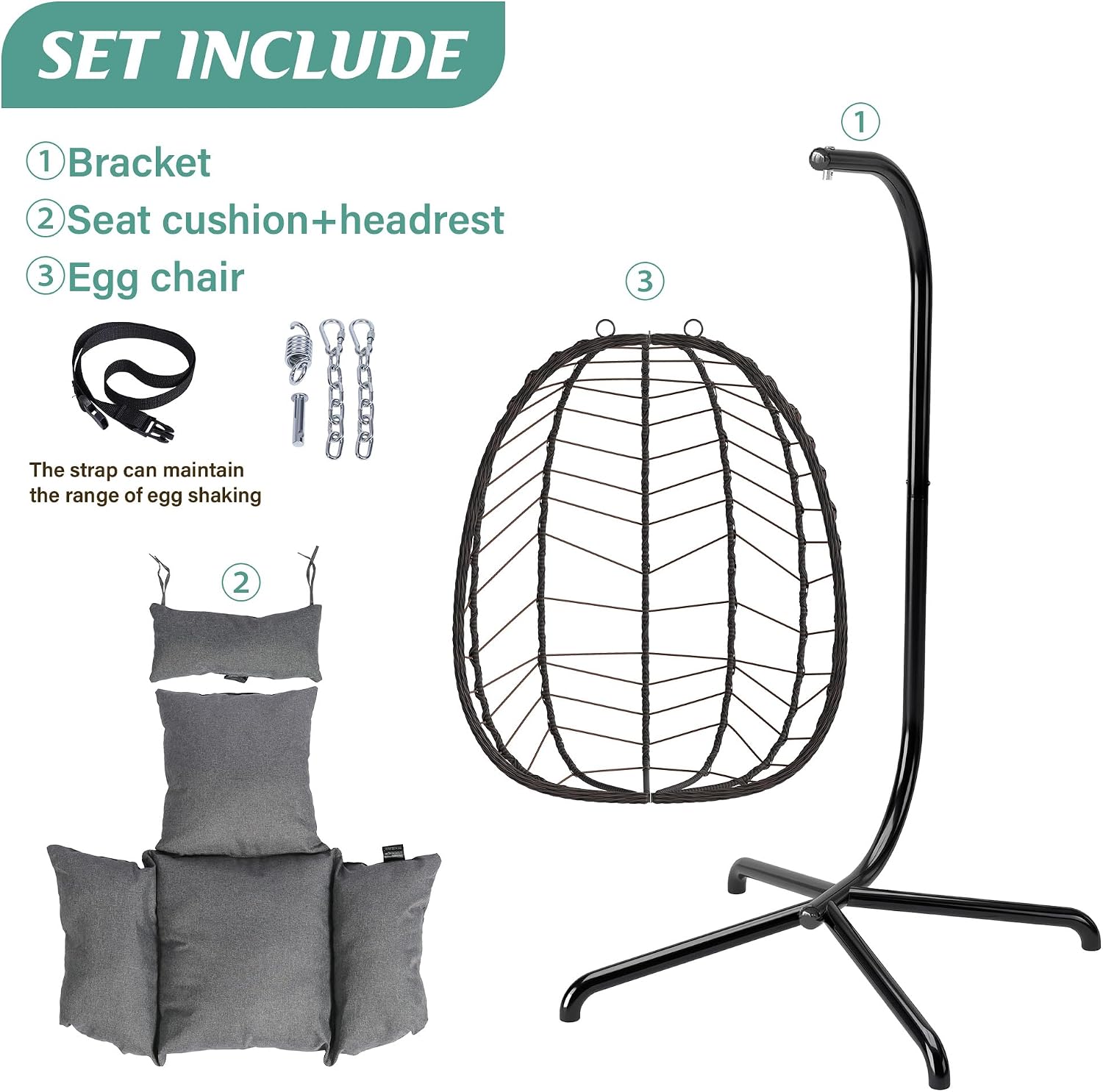LEX CRAFT Hanging Egg Chair with Stand, Swinging Egg Chair Outdoor Indoor, Hanging Basket Chair with Cushion, Patio Wicker Hammock Chair 350lbs Capacity for Porch, Balcony, Backyard, Garden (Grey)