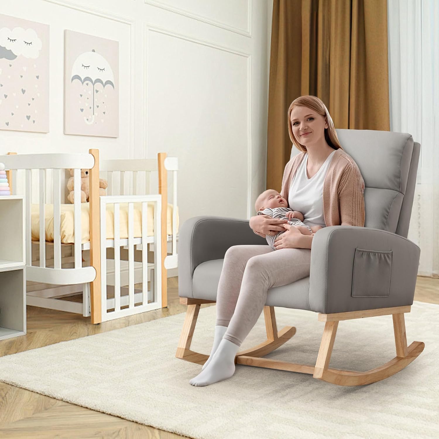 HCHAIRH Rocking Chair Nursery, Leather Nursing Rocking Chairs, Upholstered Nursery Glider Rocker for Mom Nursery Morden Accent Rocking Chair with Side Pocket for Living Room,Bedroom, PU Grey