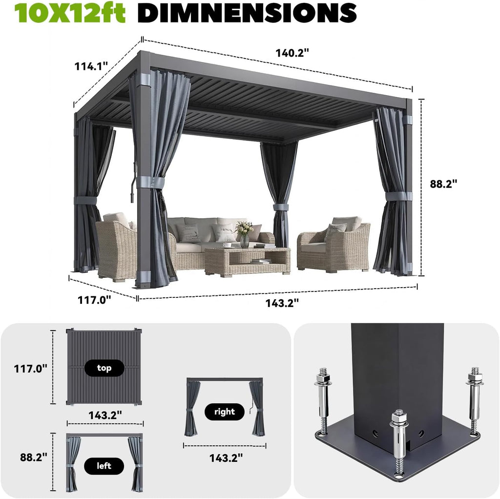 MELLCOM Louvered Pergola 10x12, Outdoor Rustproof Shelter with Adjustable Roof, Steel Aluminum Gazebo with Waterproof Curtains and Netting for Patio Deck, Dark Grey