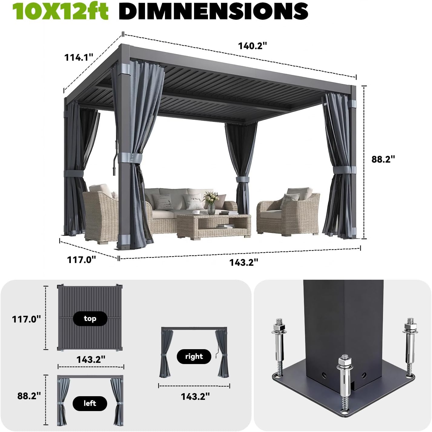MELLCOM Louvered Pergola 10x12, Outdoor Rustproof Shelter with Adjustable Roof, Steel Aluminum Gazebo with Waterproof Curtains and Netting for Patio Deck, Dark Grey